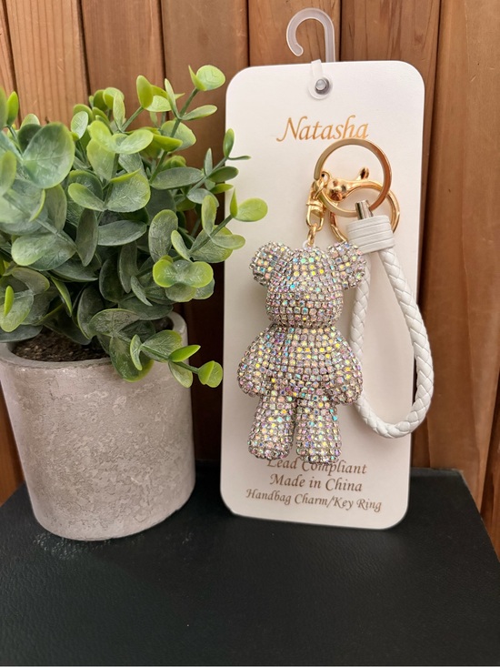 Natasha Accessories - Natasha Iridescent Crystal Teddy Bear Keychain with White Wrist Strap